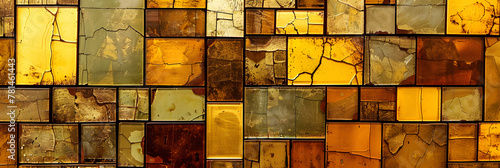 A close up of a golden mosaic wall showcasing intricate patterns of brown, amber, and yellow rectangles resembling a work of art in a building interior