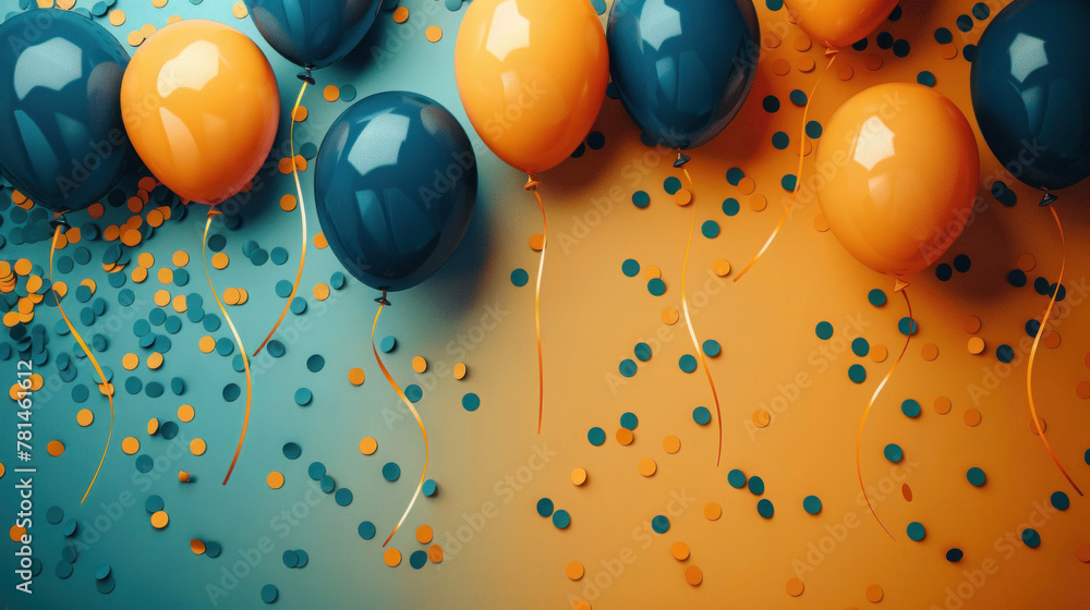 An array of joyful blue and orange balloons on a blue and orange ...