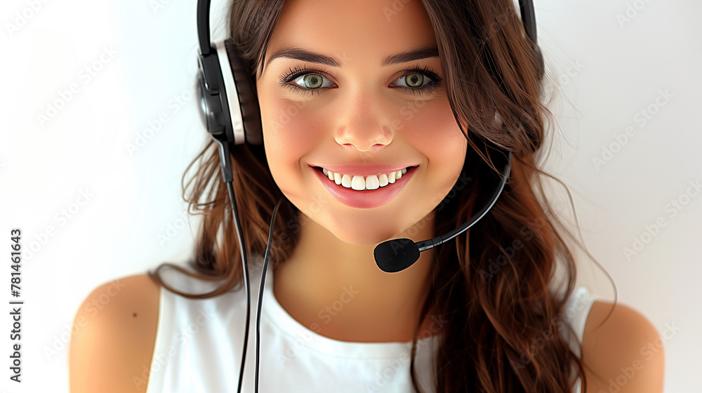 A webcare lady, brunette, with headset, white background, computer supporter sitting in call center A webcare lady, brunette, with headset, white background, computer supporter sitting in call center