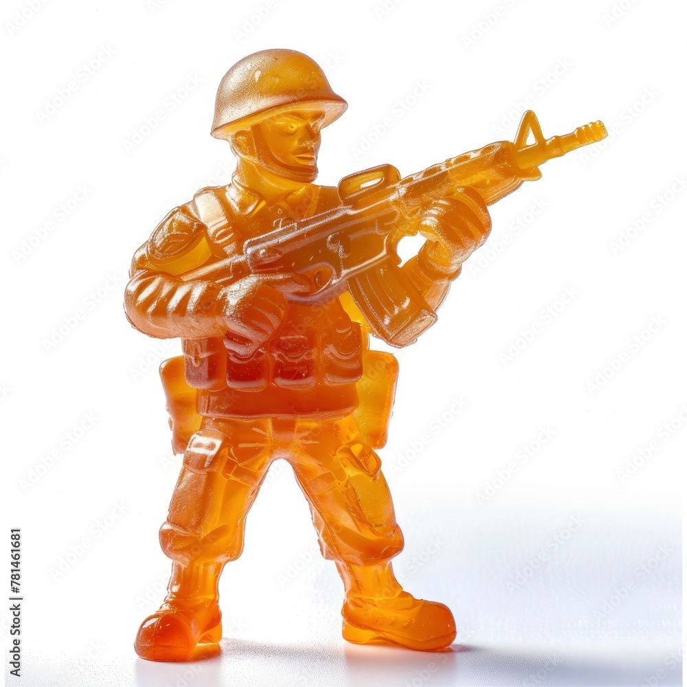 Soldier toy figure made of sweet gelatin, edible sculpture, isolated on white background