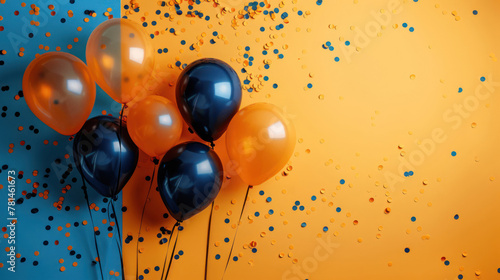 A mix of transparent, orange, and blue balloons surrounded by confetti against a blue and yellow gradient