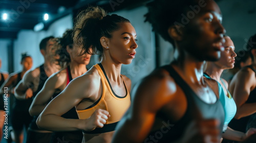 Group of focused people sprinting during a high-energy workout session in a gym