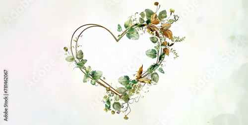 golden heart shaped wreath with green leaves in watercolor painting design