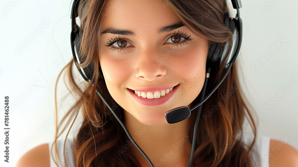 A webcare lady, brunette, with headset, white background, computer supporter sitting in call center A webcare lady, brunette, with headset, white background, computer supporter sitting in call center