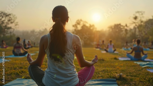 Person meditating in lotus position during outdoor yoga class at sunrise. Wellness and spirituality concept