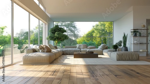 Modern domestic room with elegant wood flooring and fashionable decor  Farmhouse living room interior background  wall mockup  3d render Modern interior design