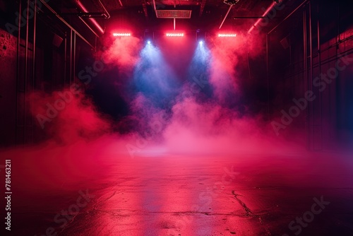 frontal photo of stage floor in dark room, red lights, mist, Cinematic, Photoshoot, Shot on 65mm lens, Shutter Speed 1 4000, F 1.8 White Balance, 32k, Super-Resolution, Pro Photo RGB, Half rear Lighti