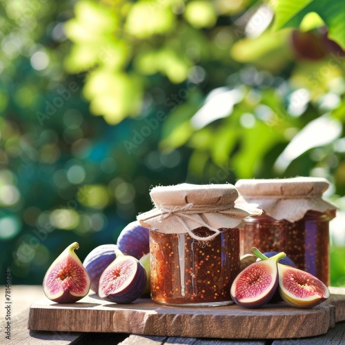 under the serene garden's embrace, jars of fig jam radiate the warmth of home-cooked goodness, a testament to the art of homemade preserves. ai generated