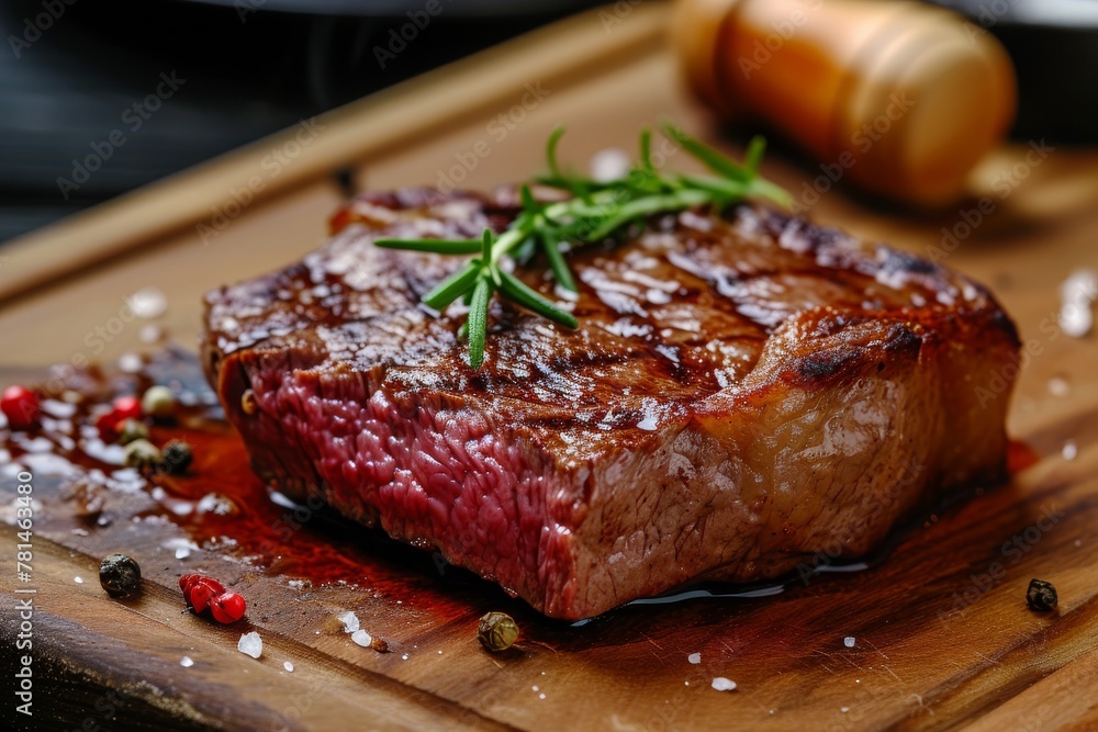 A piece of steak placed on top of a wooden cutting board, ready to be cooked or served, A succulent, medium-rare steak sizzling on a wooden chopping board, AI Generated