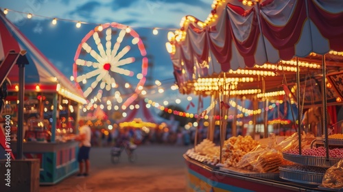 Twilight carnival scene with illuminated Ferris wheel and festive booths, evoking a sense of fun and nostalgia.
