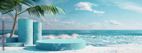 Surreal Blue Tropical Beach with Abstract 3D Rendered Structures