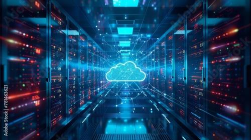 A cloud infrastructure setup displaying storage solutions, with data being stored and retrieved