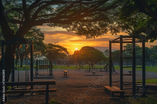 A park featuring swings and benches  illuminated by the warm hues of sunset  A sunset view on a open-air gym at a park  AI Generated