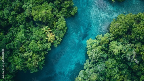 Aerial View of Tropical River Cutting Through Dense Rainforest
