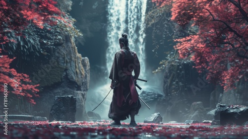 Samurai warrior observing waterfall in autumnal forest. Cinematic shot with red foliage
