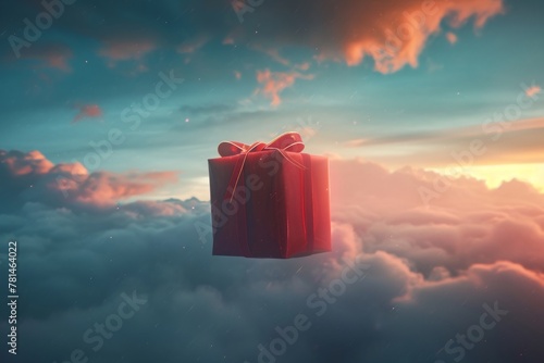 A red gift box floats effortlessly above a sea of clouds, creating a captivating and dreamlike scene, A surreal gift box floating in the sky, AI Generated
