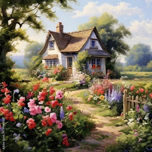 A charming countryside cottage surrounded by blooming flowers