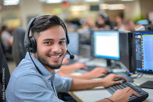 computer supporter sitting in call center with headset on at computer and smiling