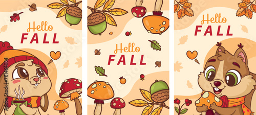 Hand drawn greeting cards collection for fall season celebration