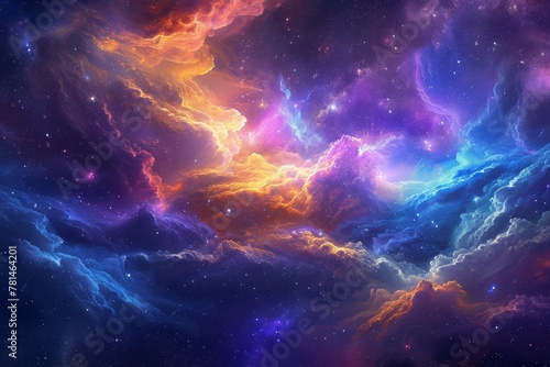 A vibrant sky decorated with a vast array of stars and billowing clouds  creating a captivating celestial spectacle  A surreal image of space painted with thousand rainbow hues  AI Generated