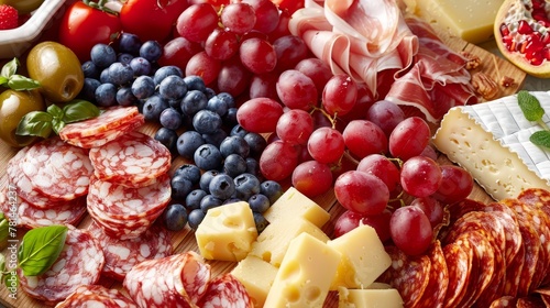 Assorted deli meats, cheeses, and fruits on wooden board. Culinary photography with place for text.