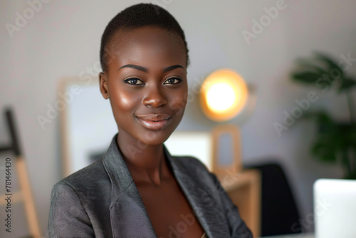Young African businesswoman entrepreneur looking pensive in a corporate office, dressed in sophisticated business attire © innluga