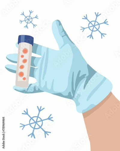 Egg freezing vector isolated illustration. Egg donation. Artificial insemination. A hand holds a test tube with egg cells.
