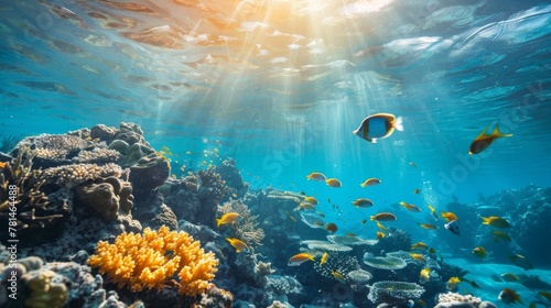 Sunlight Beaming Onto Coral Reef With Tropical Fish © Prostock-studio
