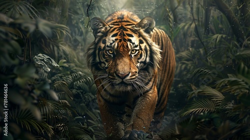Tiger majestically strides through verdant foliage vintage hues accenting the jungles depth © Sara_P