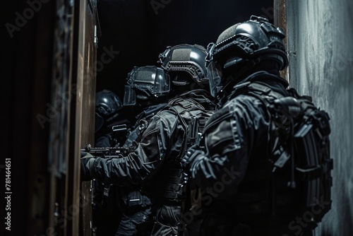 A group of men dressed in military gear stand together in a doorway, ready for action, A SWAT team strategizing their next move in a high-risk hostage situation, AI Generated