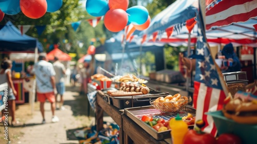 Outdoor food stalls with balloons and American flag decorations photo