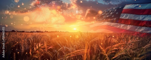 American flag over wheat field at sunset with fireworks in the sky. Patriotic agricultural landscape with celebration theme