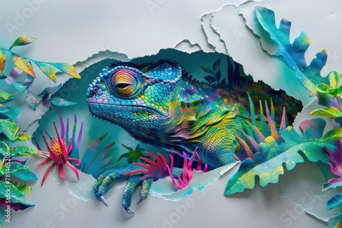 This stunning paper art showcases a multicolor-scaled chameleon amongst paper-crafted plants, highlighting intricate detail and texture work in the art piece photo