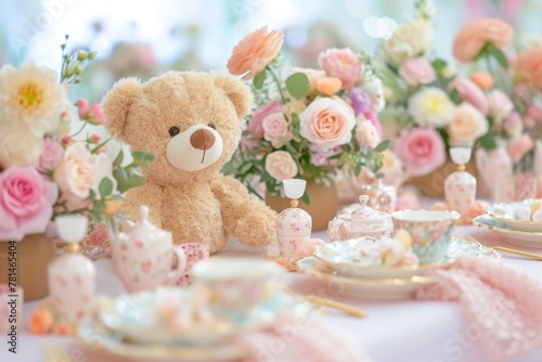 A teddy bear sits atop a table, creating a whimsical scene, A teddy bear's tea party birthday celebration, AI Generated