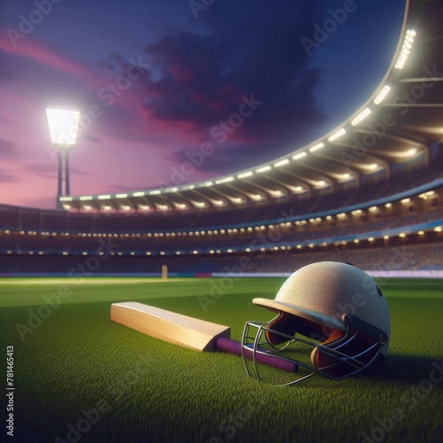 Cricket helmet and bat on grass of cricket stadium. View of cricket stadium at twilight. Rows of empty sricket staeats,  floodlights. Asia's most popular sport