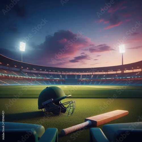 Cricket helmet and bat on grass of cricket stadium. View of cricket stadium at twilight. Rows of empty sricket staeats,  floodlights. Asia's most popular sport