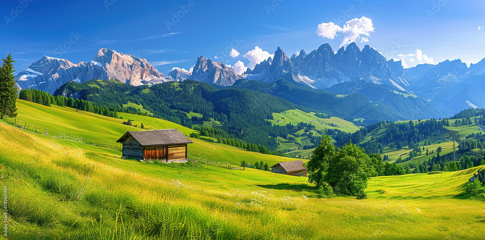 Idyllic Summer Landscape with Lush Green Fields and Alpine Peaks