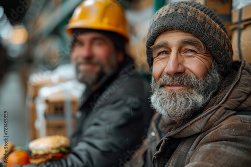Workers in construction gear take a moment to enjoy a lunch break