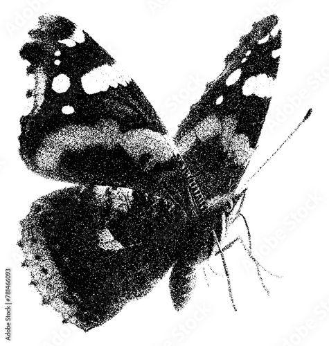 red admiral butterfly isolated retro photocopy effect collage element trendy grunge stippling grain dots texture for mixed media design on transparent background