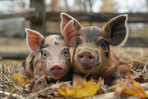 Adorable piglets snuggling together among straw and autumn leaves in a heartwarming farm scene