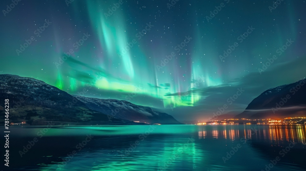 beautiful landscape of the green Northern Lights seen from a lake at night in high resolution and quality hd