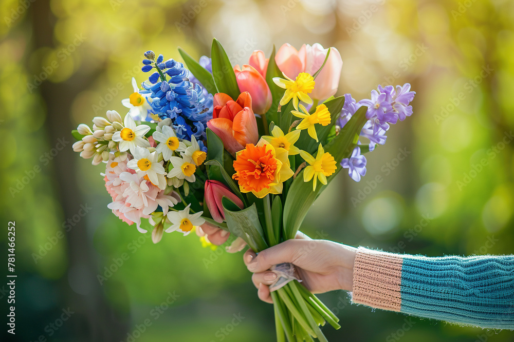 Woman Holding a Colorful Bouquet of Spring Flowers