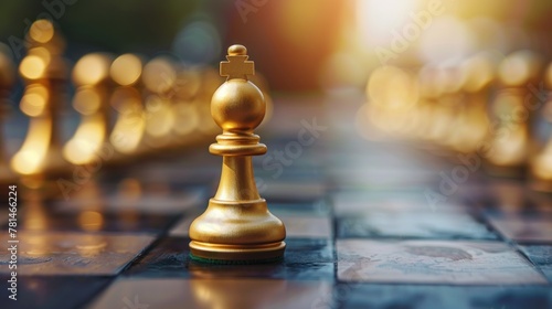Golden pawn chess in the chessboard move out from line on blur background. AI generated image © atapdesain