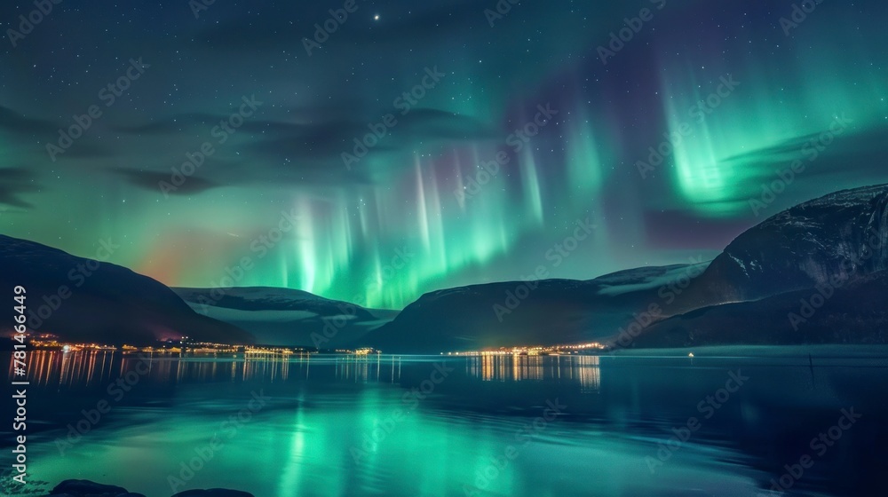 beautiful landscape of the Northern Lights seen from a lake at night