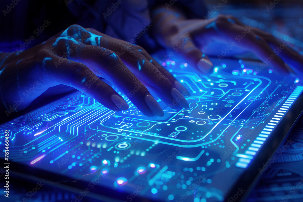 Close-Up of Hands Typing on a Futuristic Digital Tablet Close-Up of Hands Typing on a Futuristic Digital Tablet