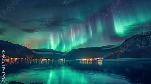 beautiful landscape of the Northern Lights seen from a lake at night © Marco