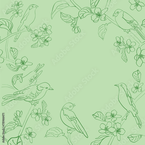 light green background with birds on branches. Vector banner. Floral illustration. Spring garden.