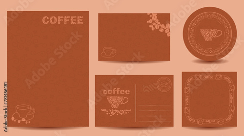 decorative dark brown backgrounds with coffee beans and cups. Vector templates. Coffee drinks.