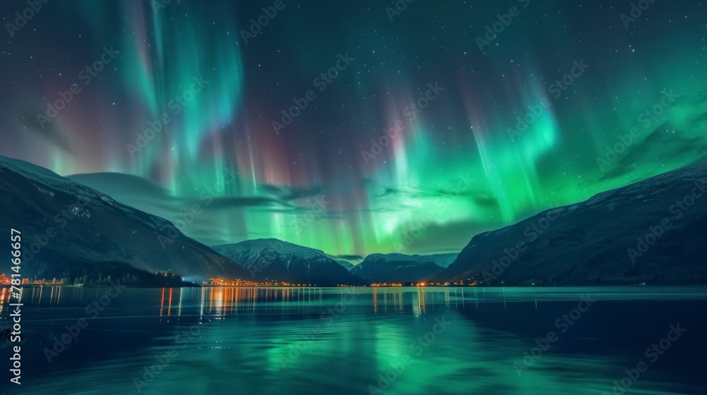 Beautiful landscape of the green Northern Lights seen from a lake at night in high resolution and high quality. CONCEPT landscape,night