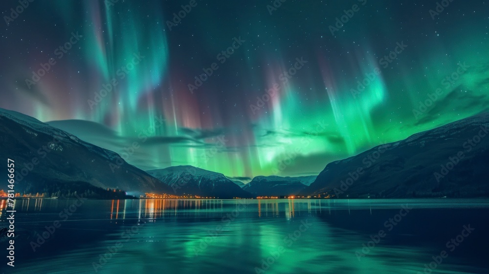 Beautiful landscape of the green Northern Lights seen from a lake at night in high resolution and high quality. CONCEPT landscape,night Beautiful landscape of the green Northern Lights seen from a lake at night in high resolution and high quality. CONCEPT landscape,night